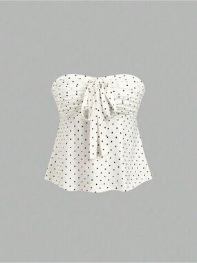 Polka Dot Strapless Tie-Front Baby Doll Tank Top - White/Black | Worn Once